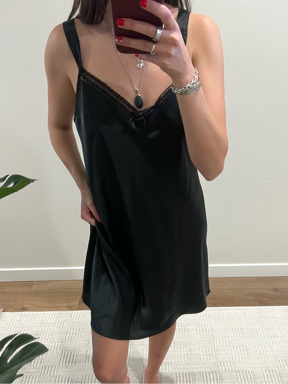 Morgan Taylor Black Satin Lace-Trim Slip